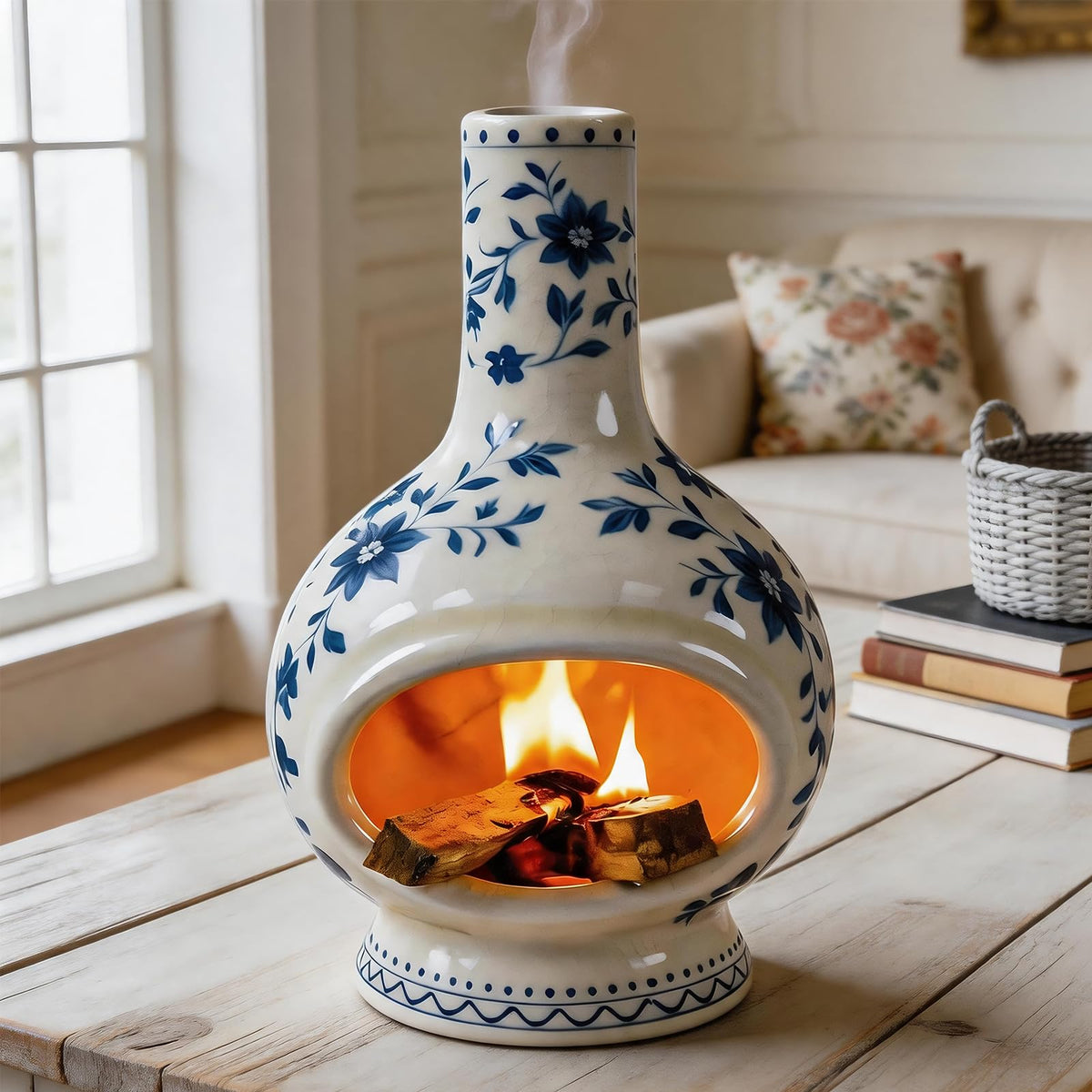 Ceramic Palo Santo Holder (Flowers-blue and White)