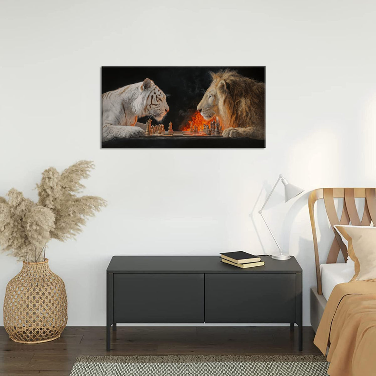 Gold Tiger Lion Chess Wall Art for Living Room Office Realistic Strategic Chess Match Symbolic Painting Prints Wildlife Canvas Artwork Dining Bedroom Decor Large (Abstract / White Gold Tiger Lion Chess Tree Wall Art / 46L" x 23W")