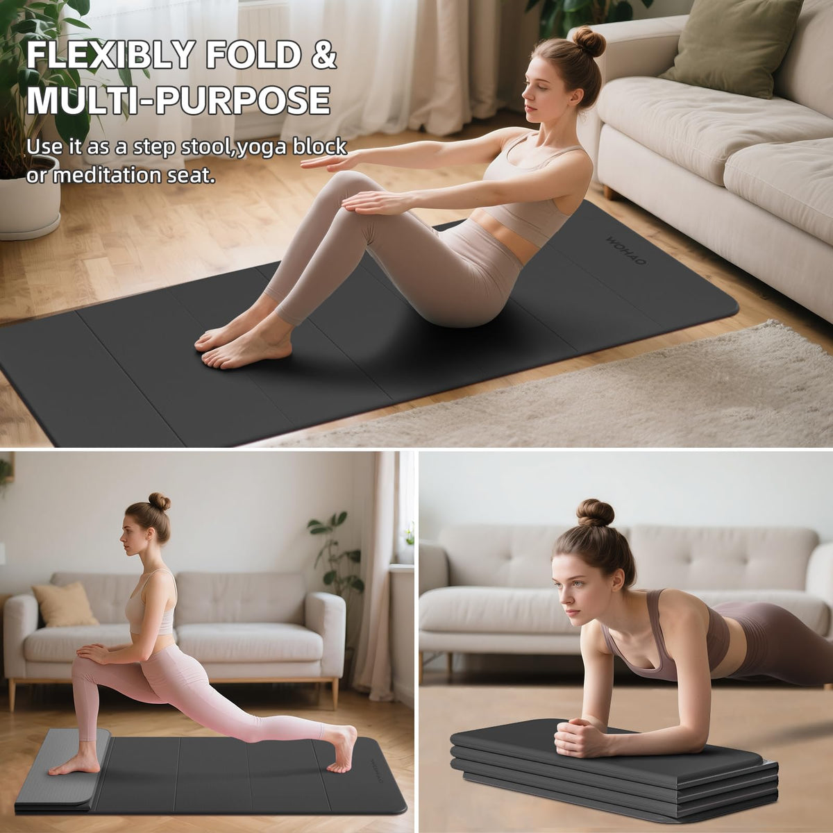 7 Fold Yoga Mat 70"x24" (Black+Gray)