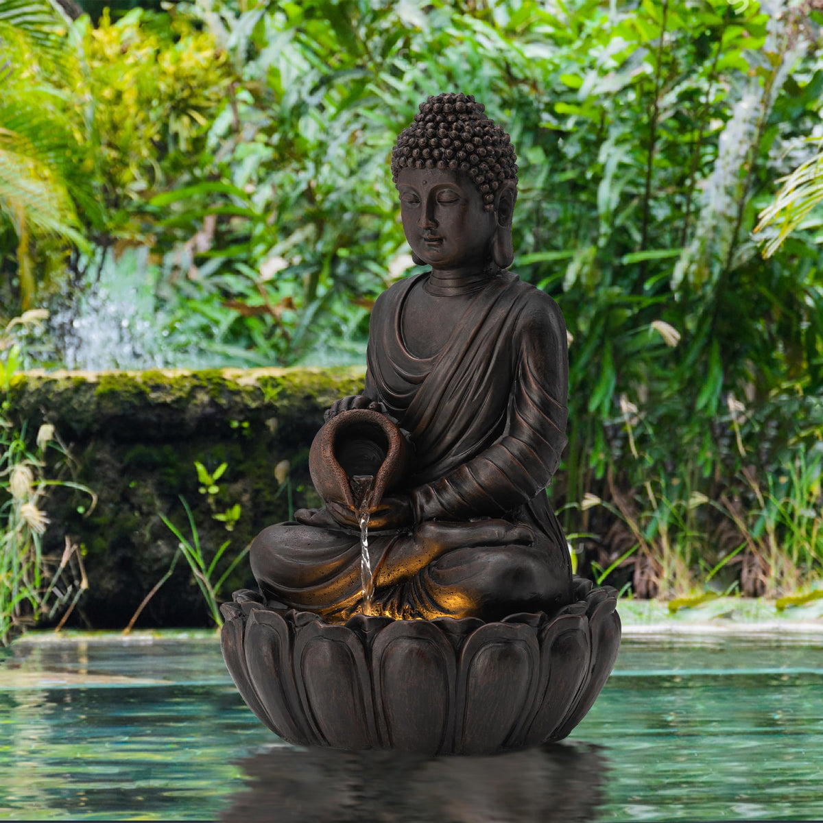 Buddha Fountain Outdoor 2 Tier Zen Style Buddha Water Fountains with Pump & LED Light (Bronze Buddha W/Lotus Basin / 20.5"H)
