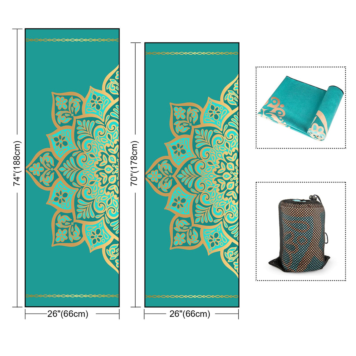 Hot Yoga Towel with Grip Dots (Turquoise Mandala / 74" x 26")