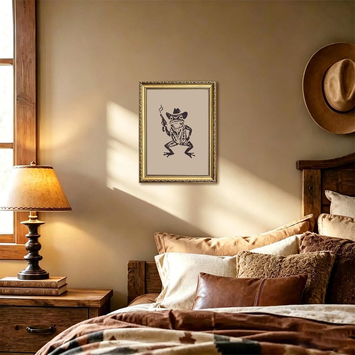 Vintage Western Cowboy Frog Wall Art Funny Frog Decor 16x24 in Gold Framed (Animal-YY / 24"L x 16"W)