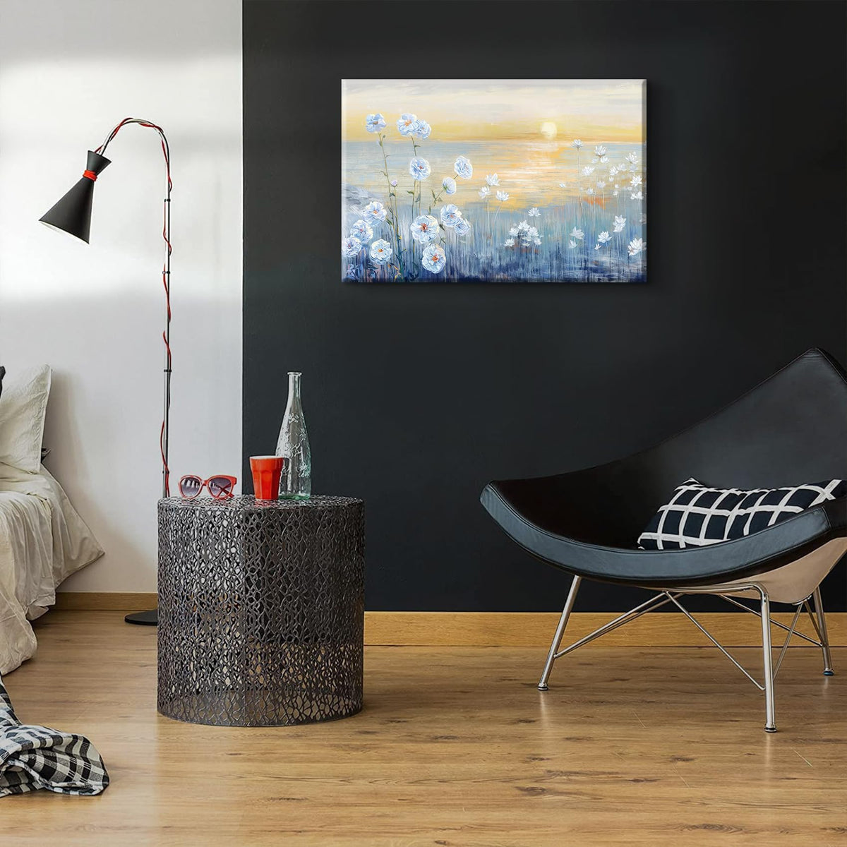 Large Blue Floral Wall Art Modern Coastal Canvas Wall Decor Nature Beach Sunrise Sunset Prints Ocean Flower Landscape Picture Zen Abstract Painting for Living Room Bedroom Office (Coast / 24"L x 16"W)