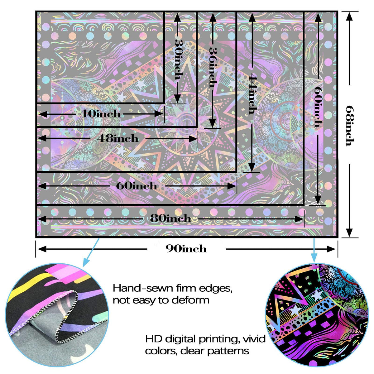 Blacklight Sun and Moon Tapestry Glow in The Dark Neon Hippie Bohemian Tapestries for Bedroom Aesthetic UV Reactive Purple Celestial Tie Dye Tapestry Wall Hanging for Living Room Dorm (Purple / 40"L x 30"W)