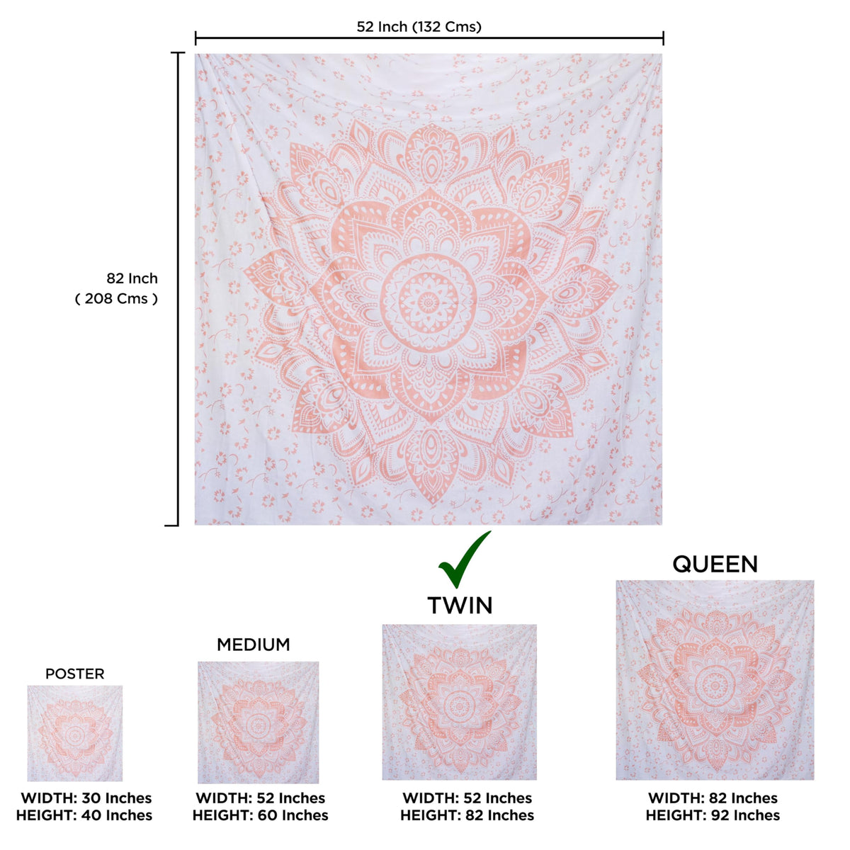 Glittering Rose Gold Pink Tapestry Wall Hanging Mandala (Rose Gold Passion Ombre / 92"L x 82"W)