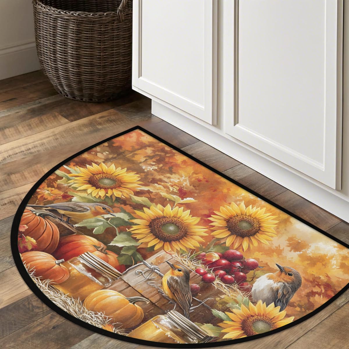 Half Round Door Mat Autumn Pumpkin Sunflower Bird Non (E 01)
