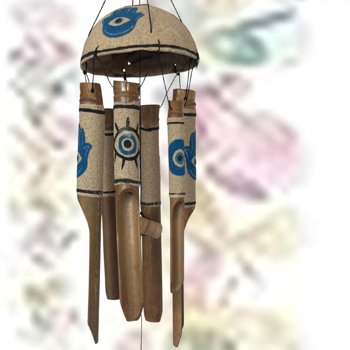 Bamboo Wind Chimes Sea Sand Art Painting Hamsa Evil Eyes Protection Handmade Windchimes Outdoor Garden Patio Gifts 32 Inch (Blue Sand)
