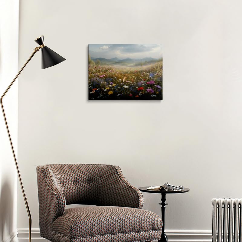 Vibrant Wildflower Meadow Canvas Wall Art Framed Landscape Painting Colorful Floral Field Poppy Lavender Hills Calming Nature Wall Decor Artwork Print Poster 12x16 Inches (wildflowers1 / 16"L x 12"W)