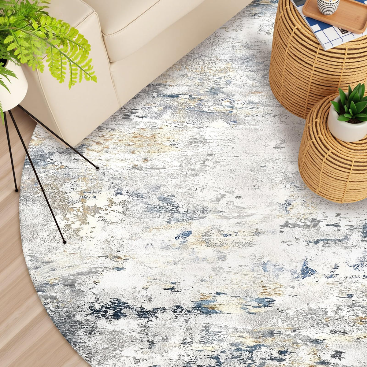 Blue Cream Gray Round Area Rug 5ft (Daily-beige Blue / 5' (Round))