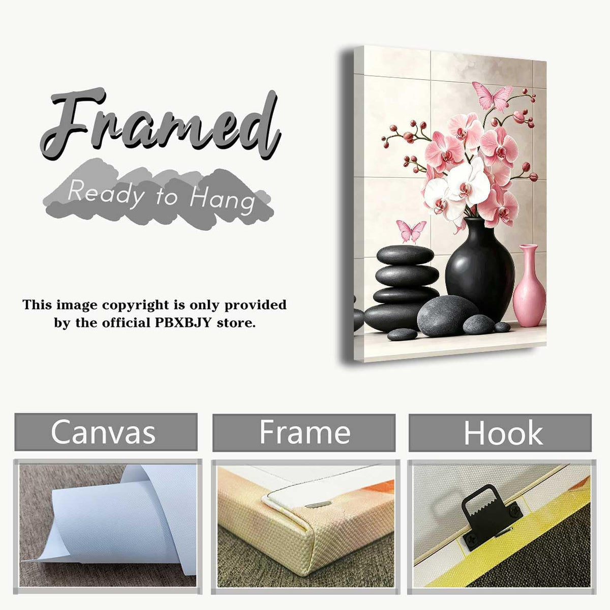 Orchid Flower Canvas Wall Art Zen Bathroom Pictures Prints Spa Stone Butterfly Wall Decor Black White Yoga Meditation Paintings for Living Room Bedroom (Pink / 42"L x 28"W)