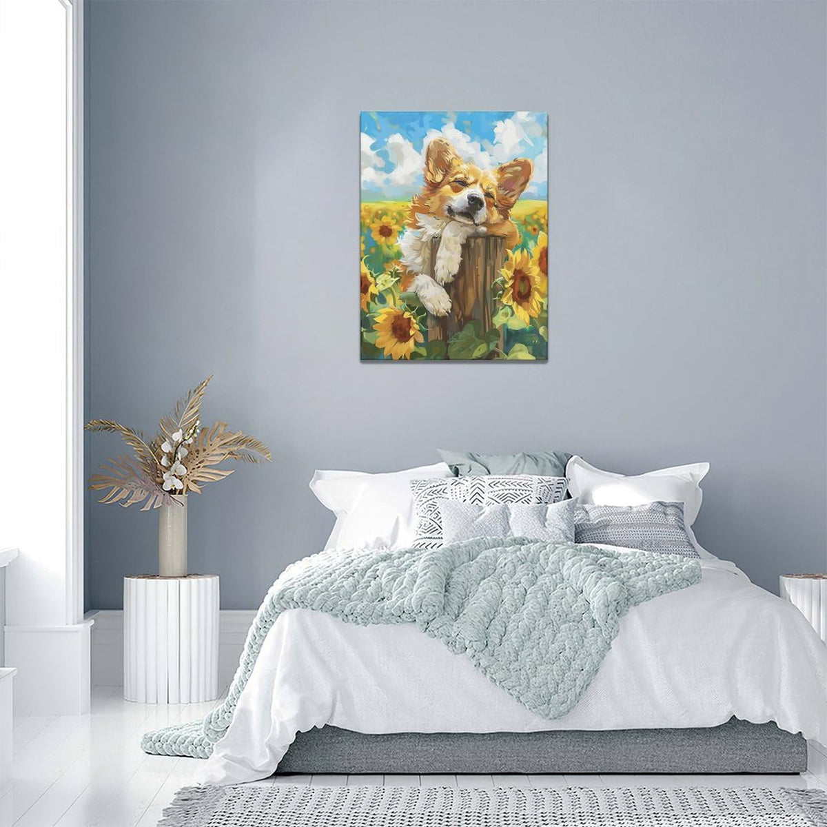 Dog Wall Art Country Sunflower Funny Corgi Pictures Wall Decor Farmhouse Canvas Painting Print Home Modern Artwork Decorations Framed for Bathroom Living Room Bedroom Office 12 x 16 inch (16"L x 12"W / Dog)
