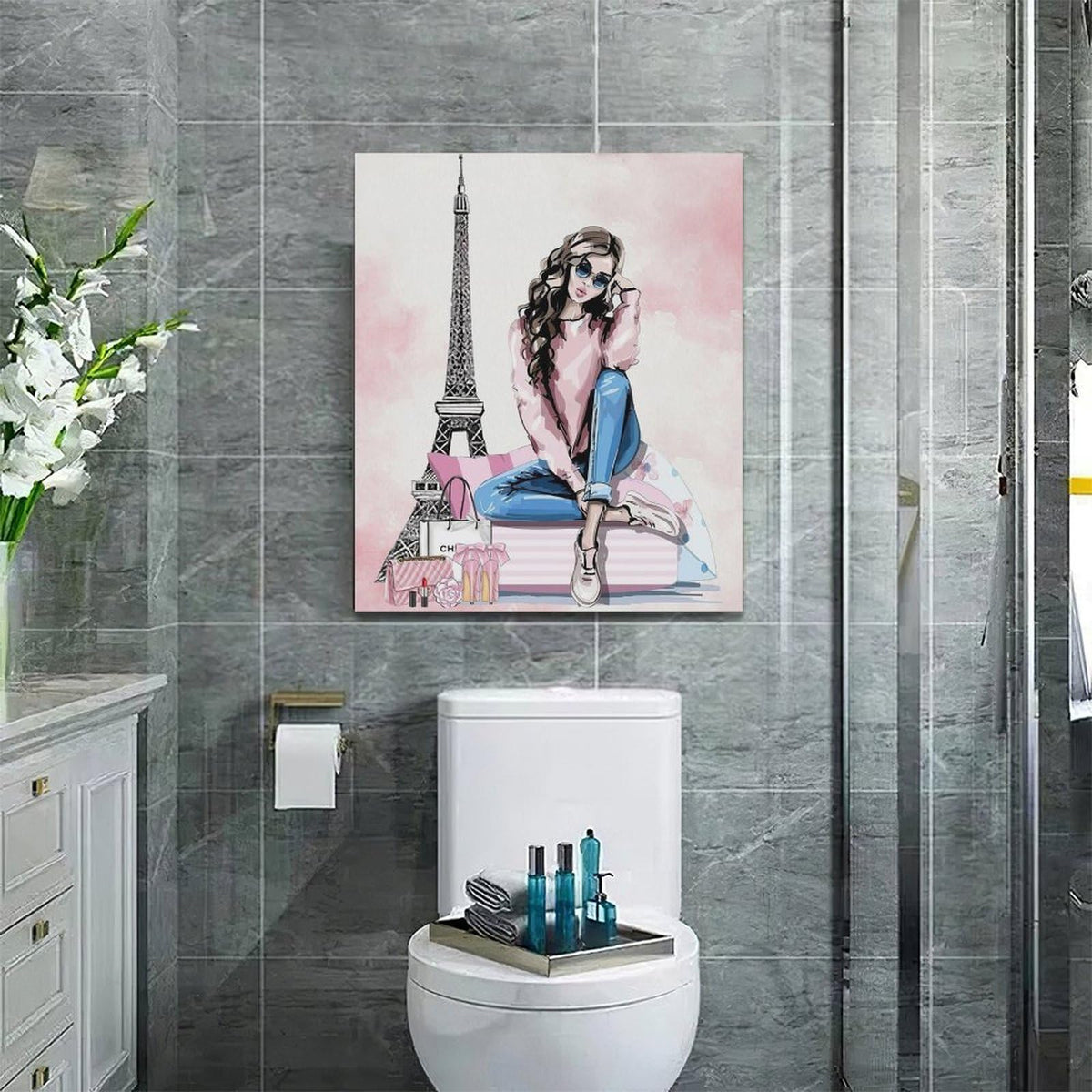 Paris Fashion Girls Wall Art Pink Eiffel Tower Pictures Decor Female Makeup Canvas Painting Print Home Artwork Decorations for Bathroom Living Room Bedroom 20 x 24 inch (24L" x 20W" / Fashion)