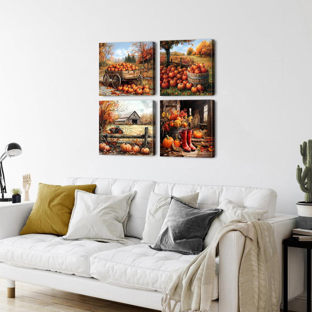 Farmhouse Barn Wall Art Burnt Orange Pumpkin Picture Kitchen Wall Decor Watercolor Rural Fall Scenery Poster Autumn Country Farm Truck Prints Canvas for Living Room Dining Home Decorations 20x20" 4P (20"L x 20"W / Vintage Pumpkin)