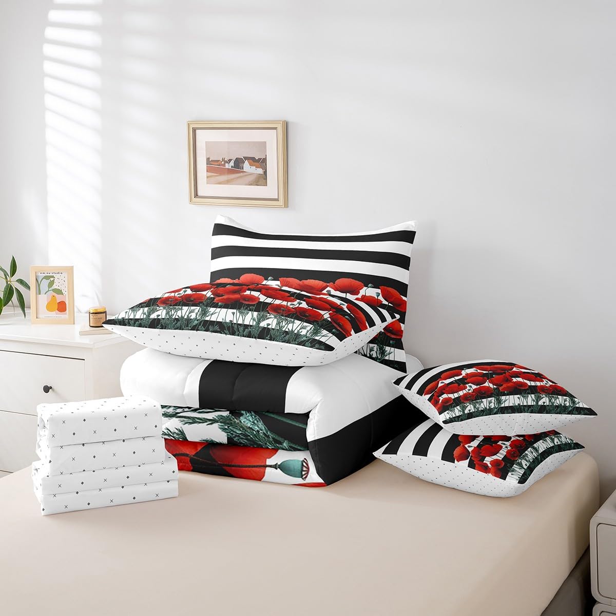 Stripe Comforter Set with Sheets Queen Size Kids Flower 7 Piece Bedding Set All Season for Boys Girls Teens Modern Art Bed in A Bag Breathable Soft Lightweight Room Decor (Pearl White Earth Black / Queen)