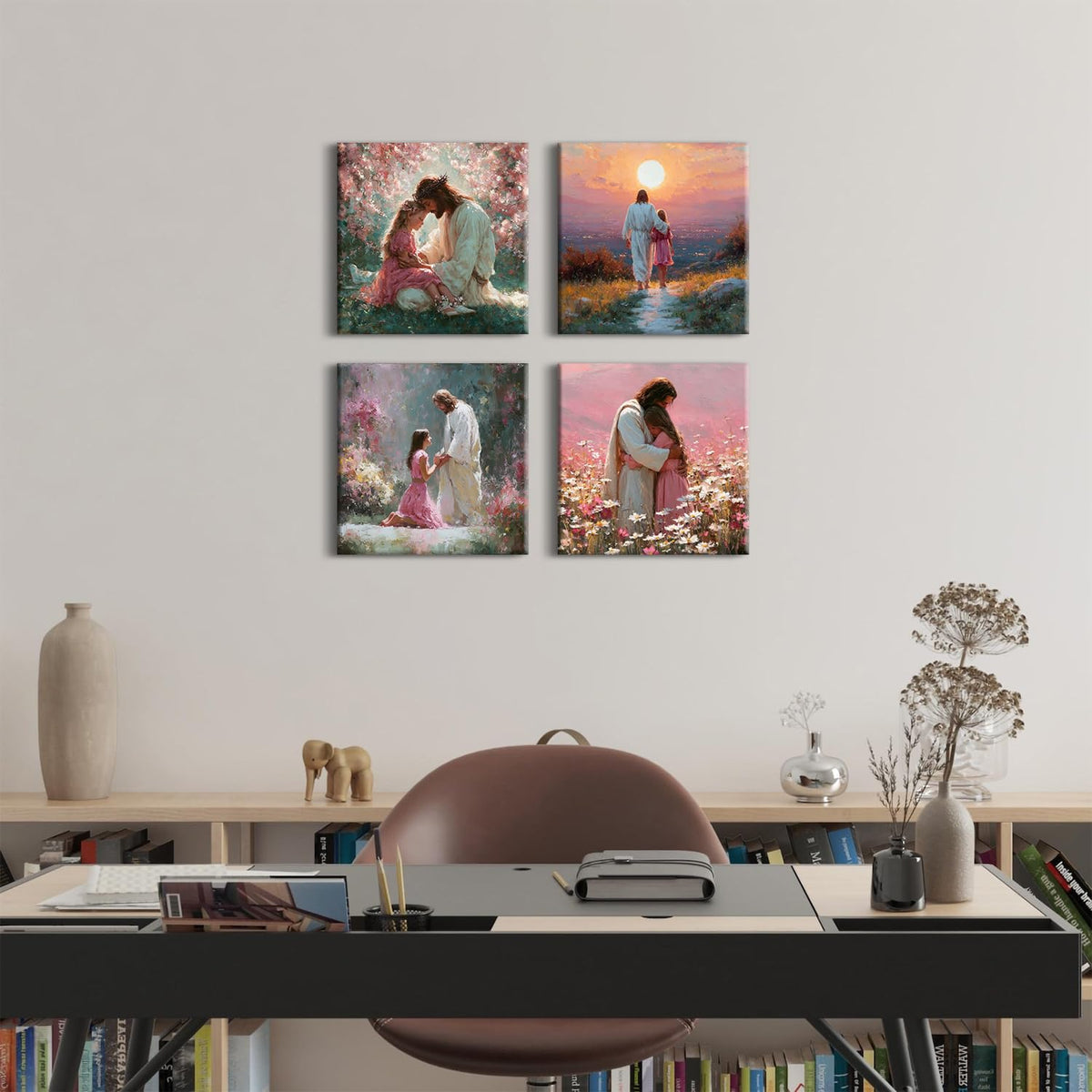 4 Piece Christian Canvas Wall Art Jesus Wall Decor Jesus Embracing Girls Pictures Canvas Prints Pink Women Bedroom Decor Sunset Landscape Posters Prayer Religious Artwork Living Room Decoration 12x12” (12"L x 12"W / Jesus02)