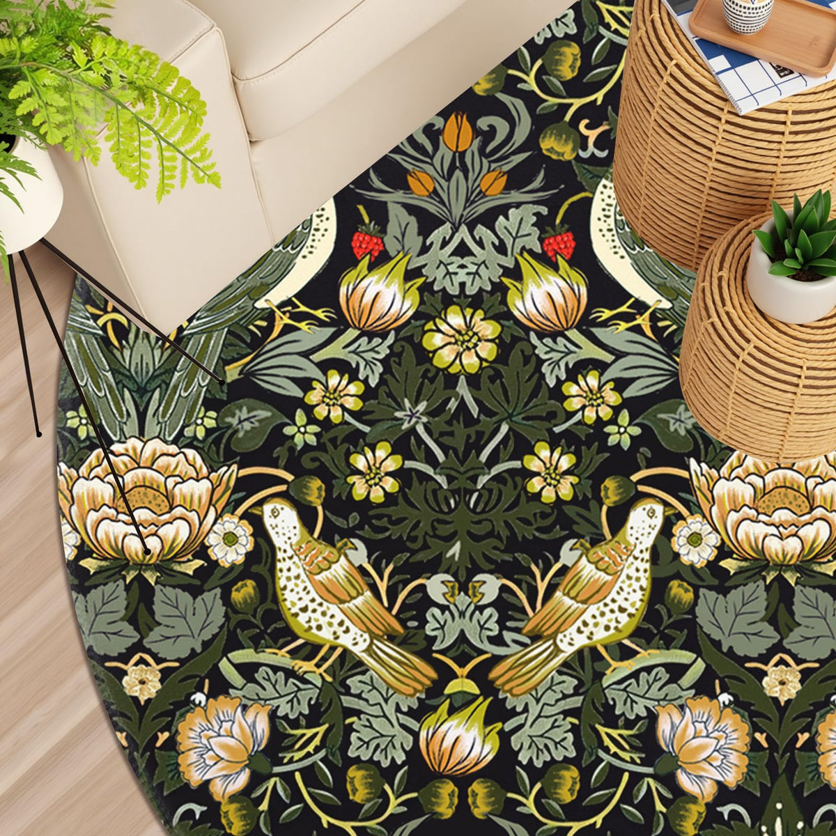 Floral Round Area Rug 5ft Machine Washable Non (Daily-william Morris / 5' (Round))