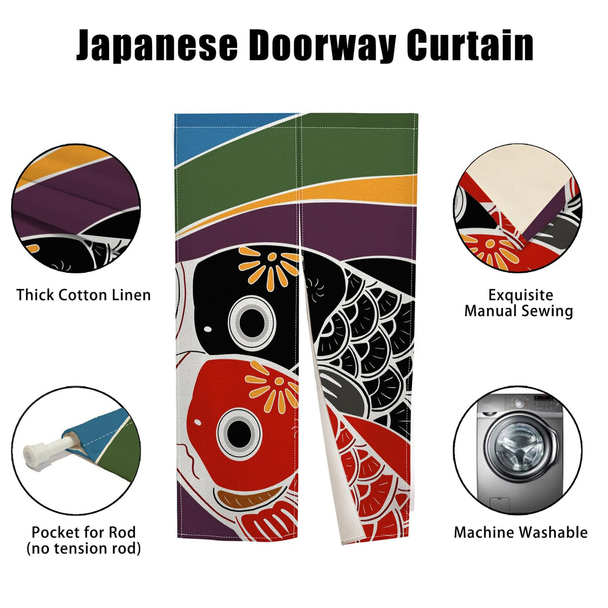 Noren Japanese Doorway Curtain Koi Fish Entrance Feng Shui Door Curtains Cute Animal Window Treatment Bedroom Partition Kithchen Bathroom Door Decor 33.5 x 59 Inch (Black Red)