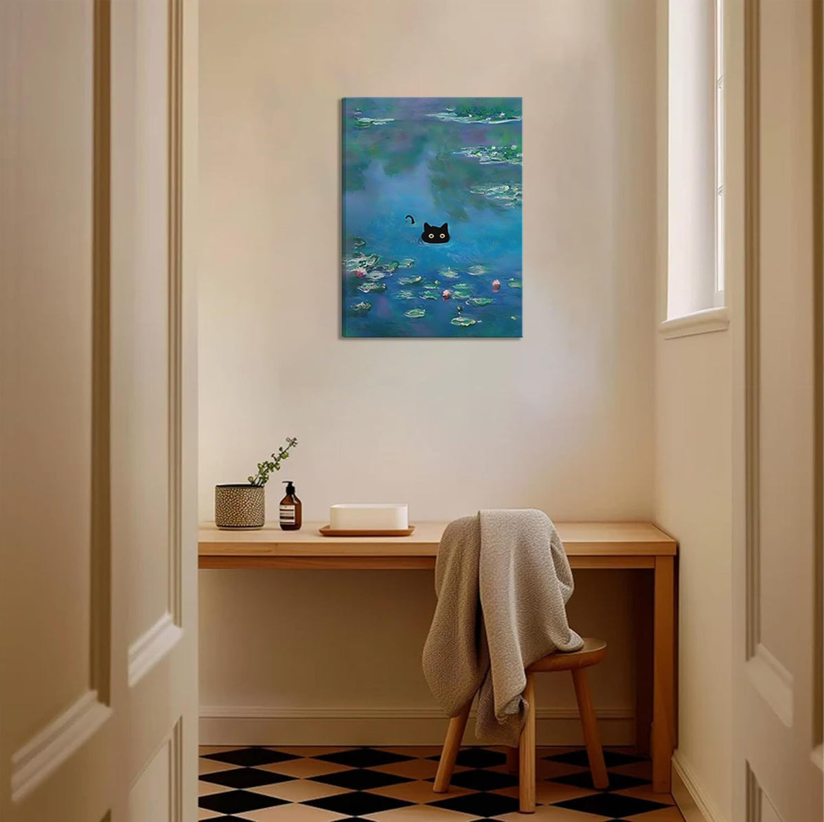 Funny Black Cat Wall Art Monet Cat in Water Lilies Canvas Wall Decor Van Gogh Starry Night Sunflower Aesthetic Pictures Paintings Prints for Bedroom Living Room Bathroom 12x16 in Framed (Cat canvas / 16L"x12W")
