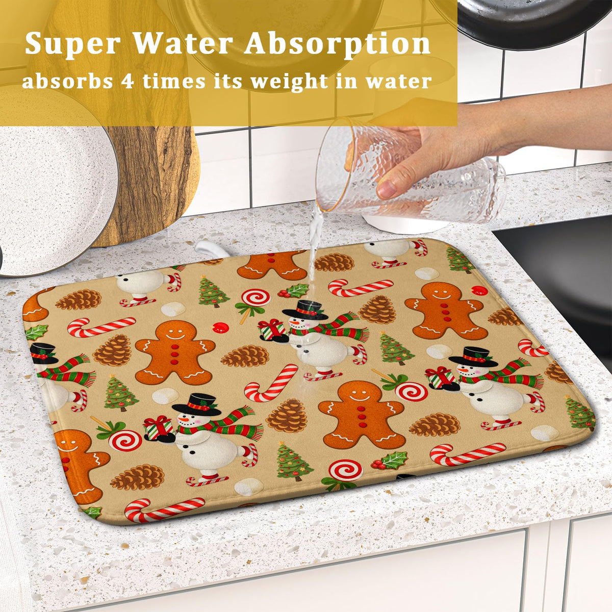Xmas Gingerbread Man Candy Cane Dish Drying Mat for Kitchen Counter (Gingerbread Man / 16" x 18")