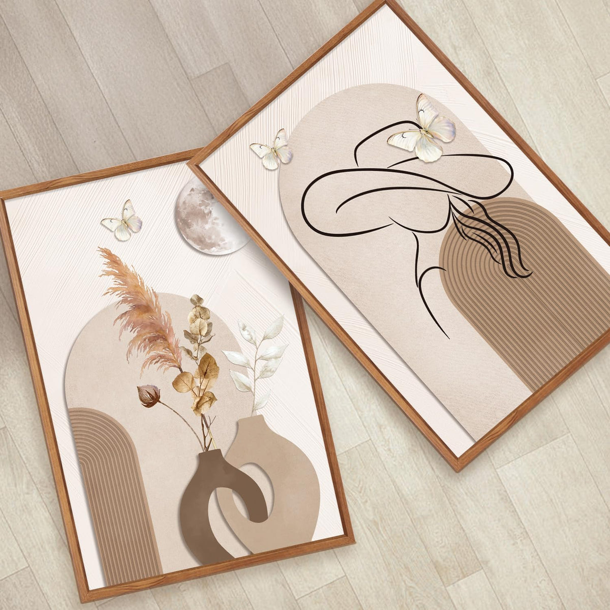 Boho Neutral Framed Wall Art Beige Minimalist Line Art Woman Artwork (Beige / 24"L x 36"W)