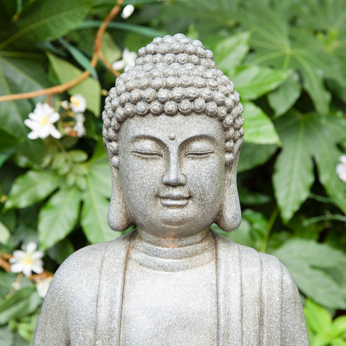 Buddha Outdoor Water Fountain with Lights and Pump (Concrete Buddha W/Lotus Leaf&flower Basins / 28.25"H)