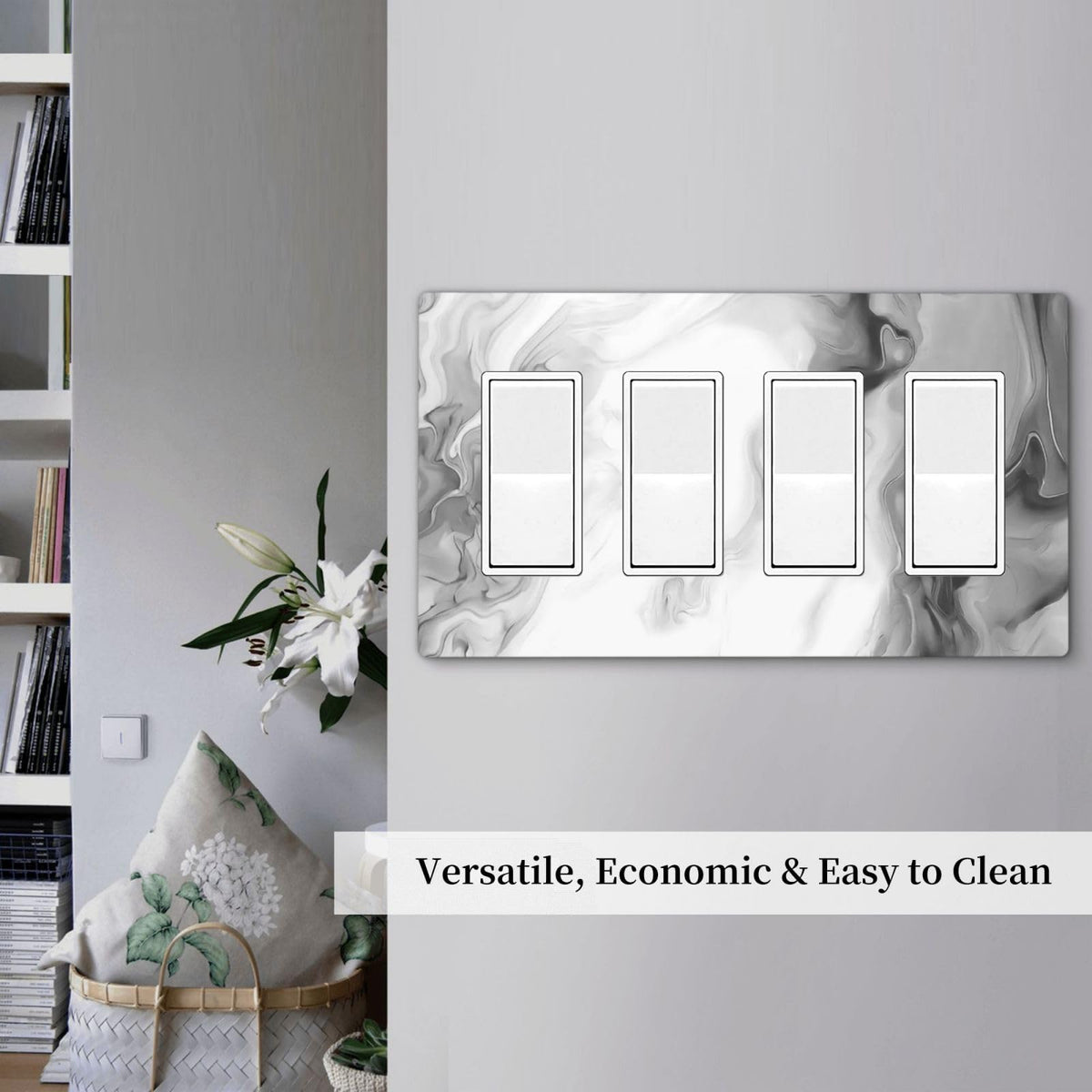 White Black Grey Ombre Marble 4 Gang Quad Rocker (White Black/Grey Ombre Marble / 4 Gang Rocker Screwless)