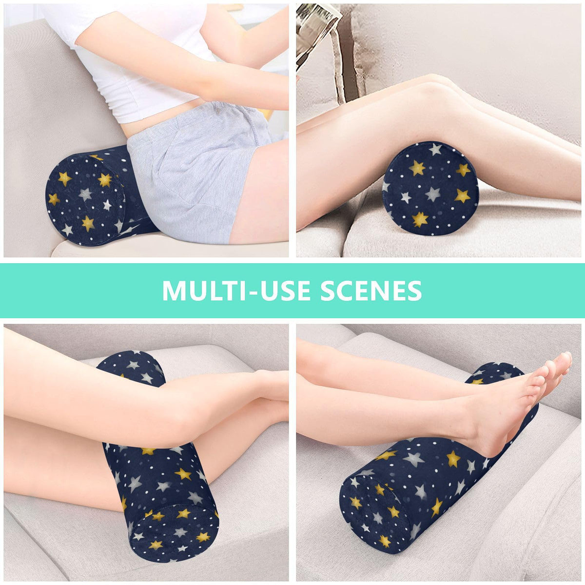 Navy Blue Stars and Polka Dots Neck Roll Pillow Bolster Round Health Memory Foam Long Cervical Cylinder Pillows with Removable Washable Cover for Body Bed Legs Back Yoga (Navy Blue Stars and Polka Dots)