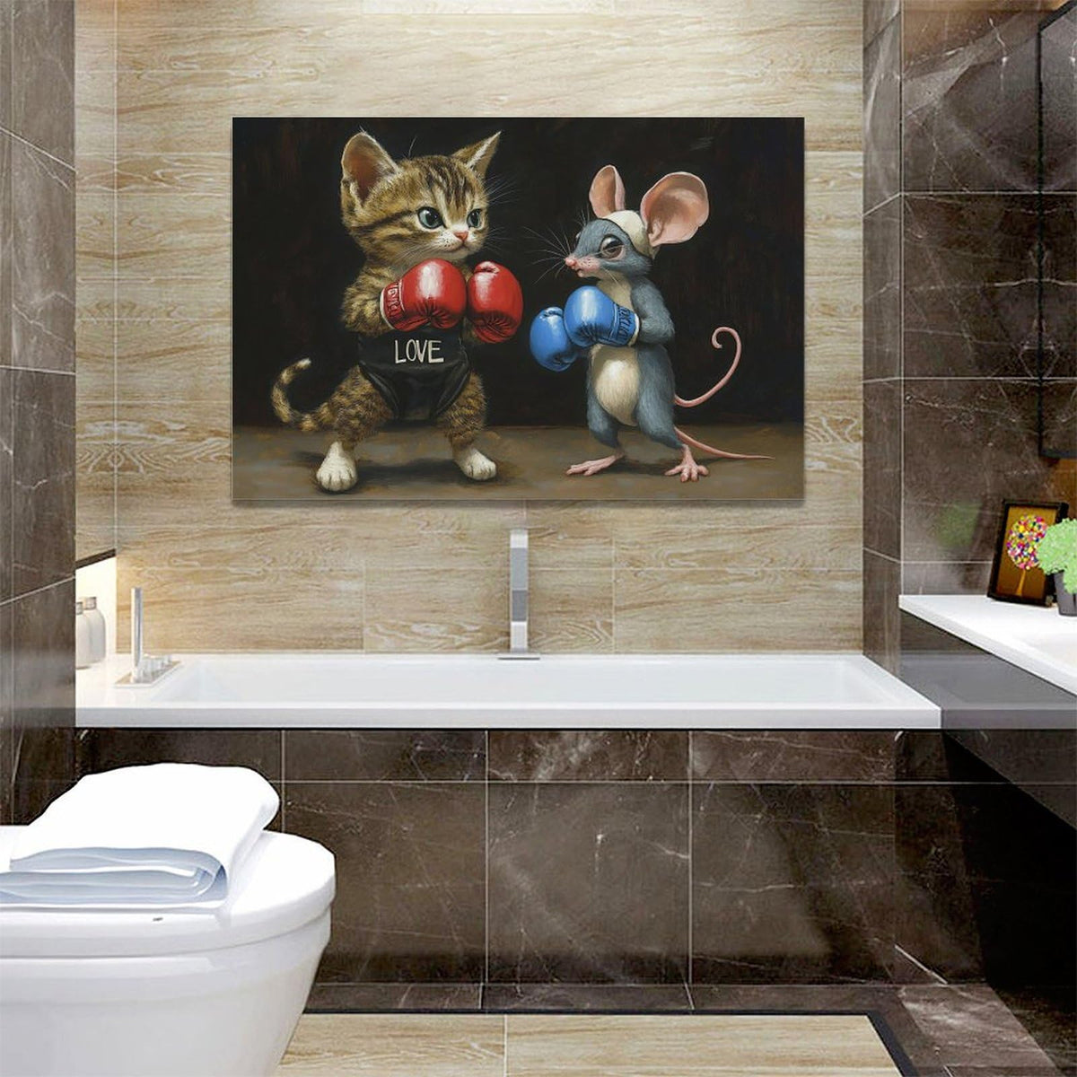 Cat And Mouse Wall Decor Funny Pictures Funny Cats Canvas Wall Art Painting Home Modern Artwork Decorations Framed for Living Room Bedroom Bathroom Office 24 x 16 inch (24L" x 16W" / Cat Mouse)