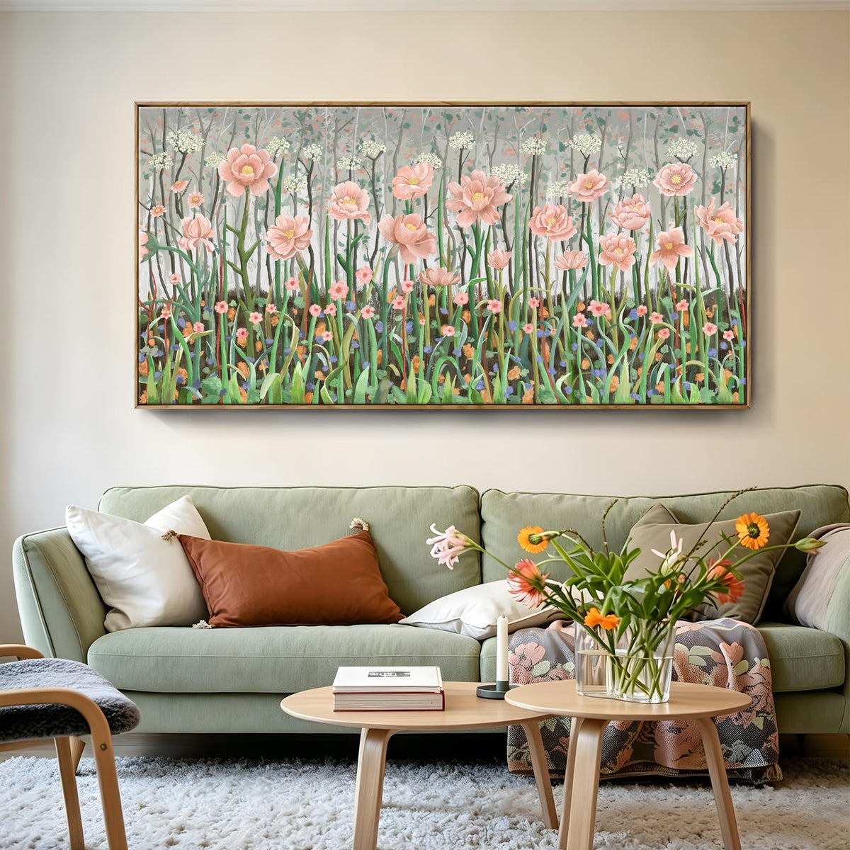 Extra Large Framed Country Modern Natural Landscape Wall Art For Living Room (Pink Green Wall Art / 58"L x 29"W(Framed))