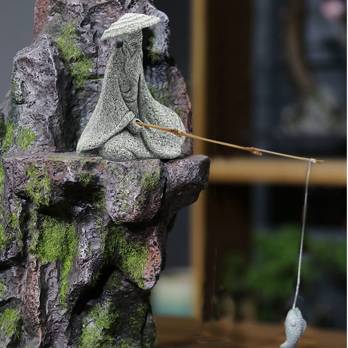 2PCS Mini Sitting Fishing Figurines Sandstone Vintage Ornament Japanese Decor for Fish Tank Pot Garden Home Aquarium Mini Fisherman Statue Asian Zen Decorations (Small Size)