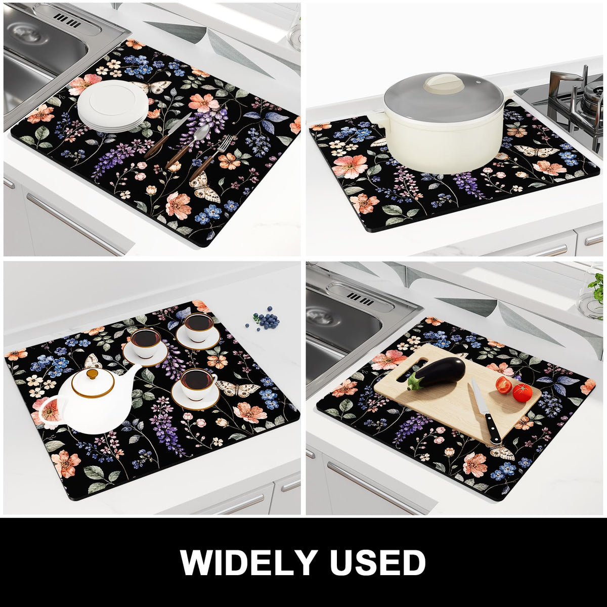 Dish Drying Mat for Kitchen Counter (Watercolor Wildflower / 16" x 18")