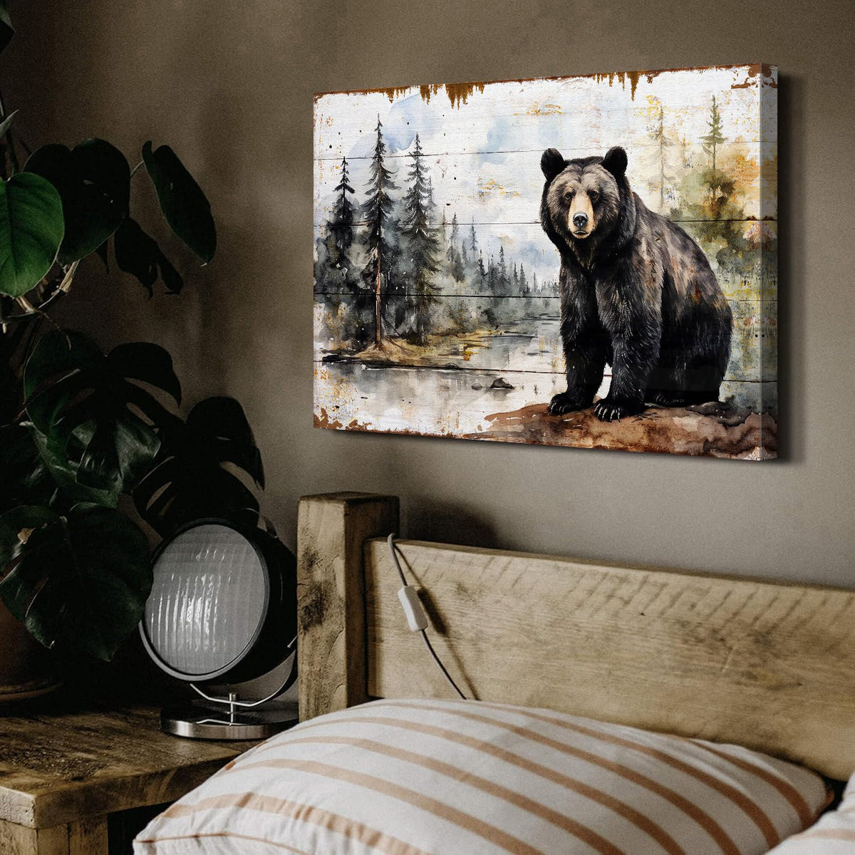 Farmhouse Bear Pictures Wall Decor Wildlife Animals Wall Art Abstract Mountain Forest Picture Canvas Prints for Kitchen Dining Room Woodland Pine Trees Forest Poster Painting Artwork Decoration 16x24” (24"L x 16"W / Bear Forest)
