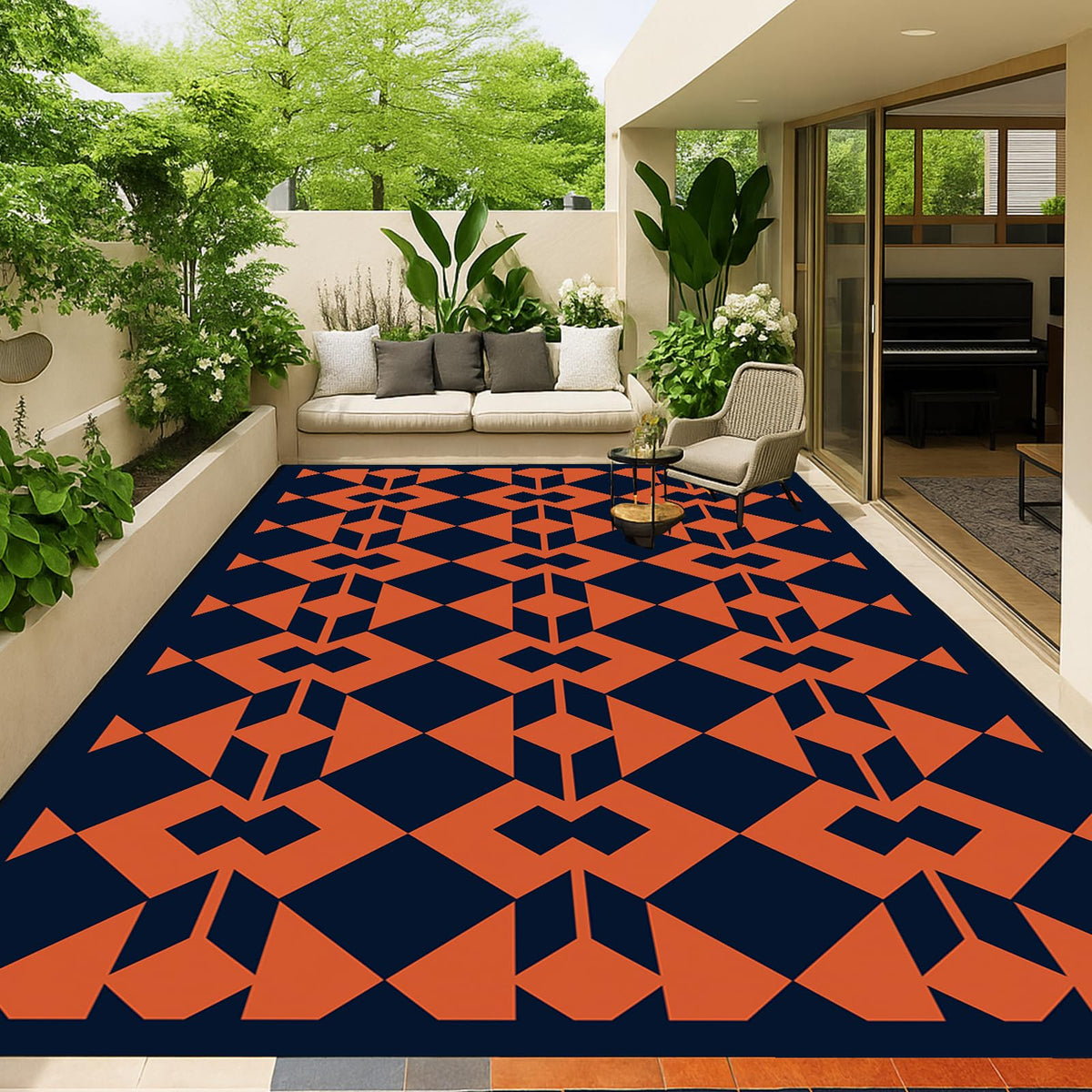 Dark Blue Rust Red Geometric Outdoor Rug 5x8 FT Waterproof Mat for Patio RV (Diamond Mask / 5x8 Feet)