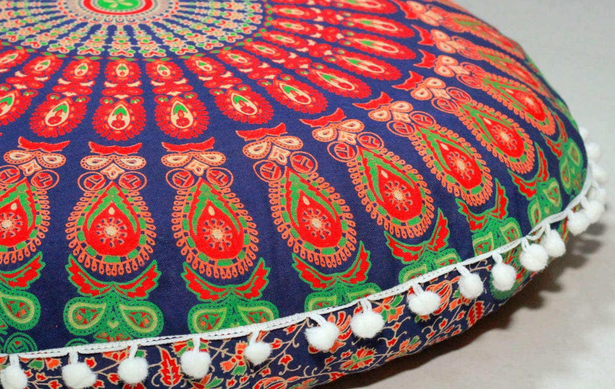 Round Mandala Boho Pillow Cover Meditation India Room Seating Poufs Cover for Living Room Yoga Room Home Décor Bedroom Balcony Garden Decoration Cotton Floor Cushion Cover 22" (22" / Multi Mirchi)