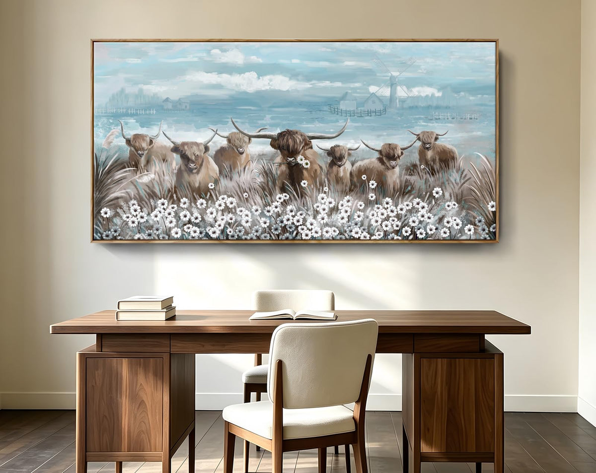 Extra Large Framed Wall Art for Living Room Big Boho Farmhouse Highland Cow Canvas Artwork Flower and Animal Picture Rustic Coastal Blue and Brown Decor for Office Bedroom Kitchen (Highland Cow Wall Art / 58"L x 29"W)