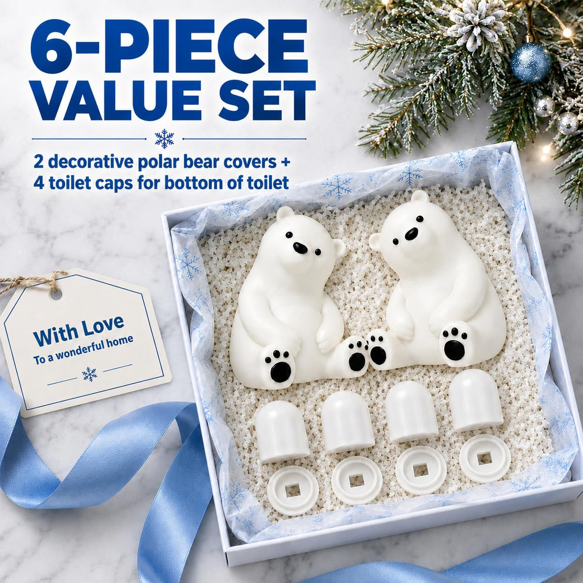 Blue Glow in the Dark Polar Bear Toilet Bolt Covers 6 Pack (White Glow Blue)