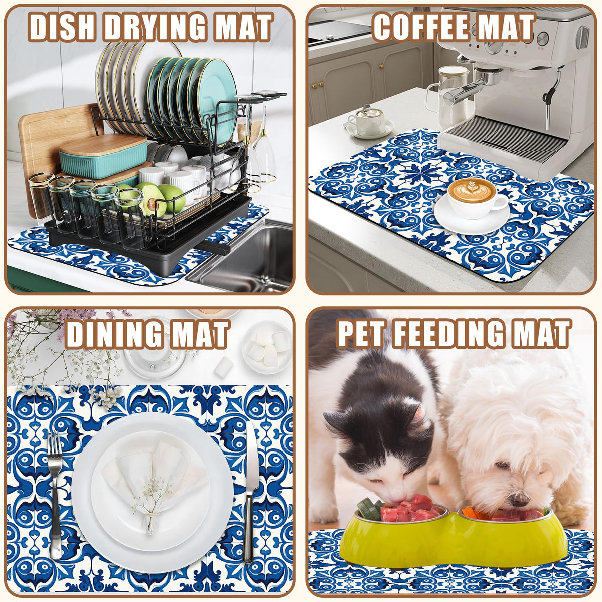Dish Drying Mat Blue Portuguese Tiles Coffee Bar Mat for Countertop (15.7" x 23.6")