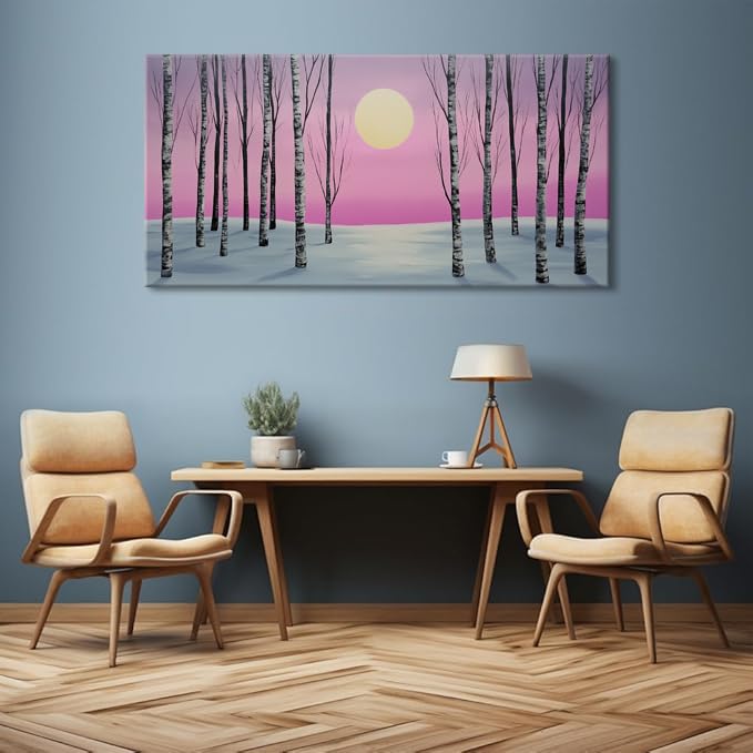 Pink Birch Forest Wall Art for Living Room Office Minimalist Landscape Moonlit Wilderness Art Painting Prints Contemporary Canvas Artwork Dining Bedroom Decor Extra Large (Contemporary / Pink Gold Birch Forest Wall Art / 58L" x 28W")