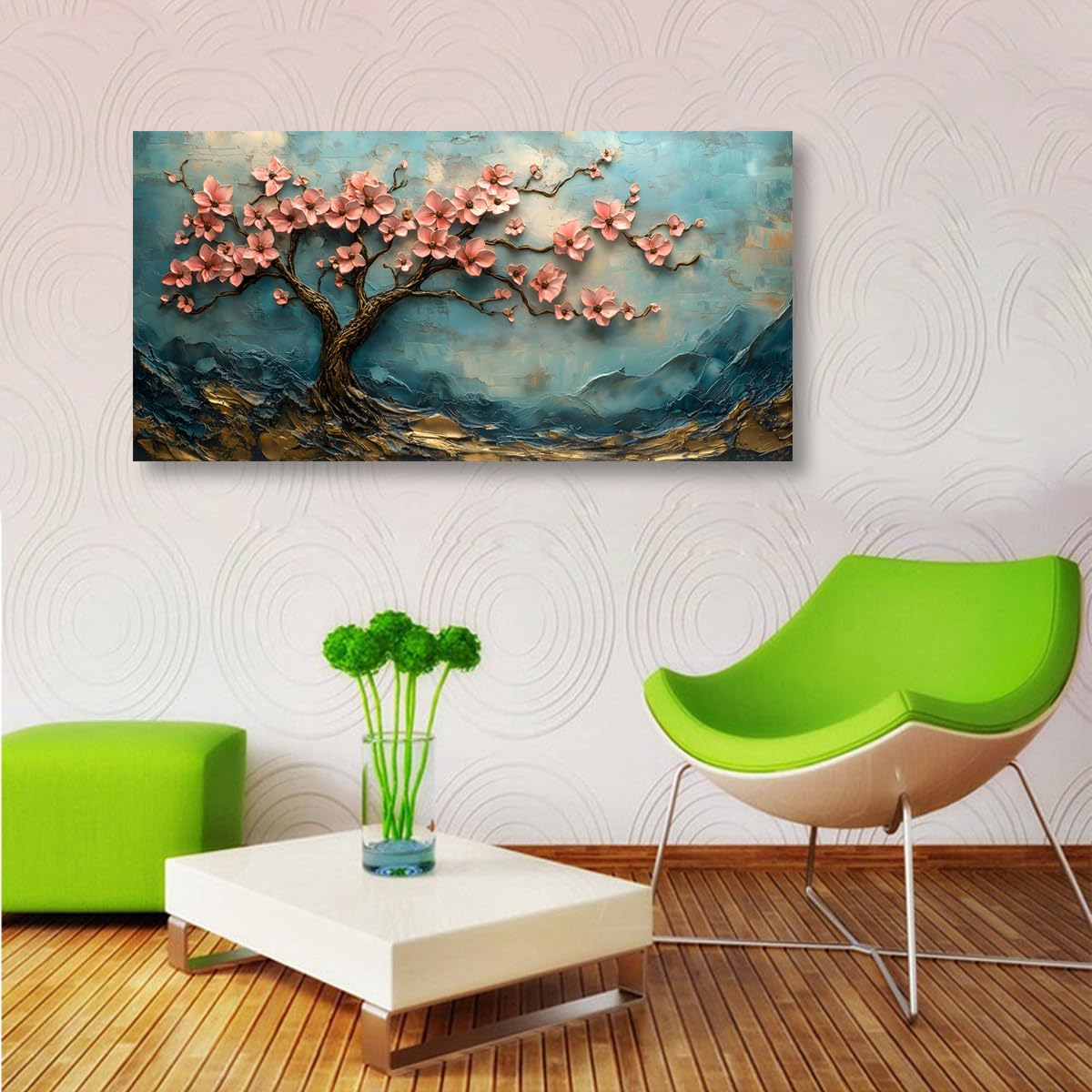 Tree of Life Pink Flowers and Golden Trees Pictures Canvas Wall Art for Living room Office Bedroom Teal Mountain Abstract Wall Decor Art Print Paintings Modern Plum Blossom Artwork (40"L x 20"W / Pink Flowers and Golden Trees)