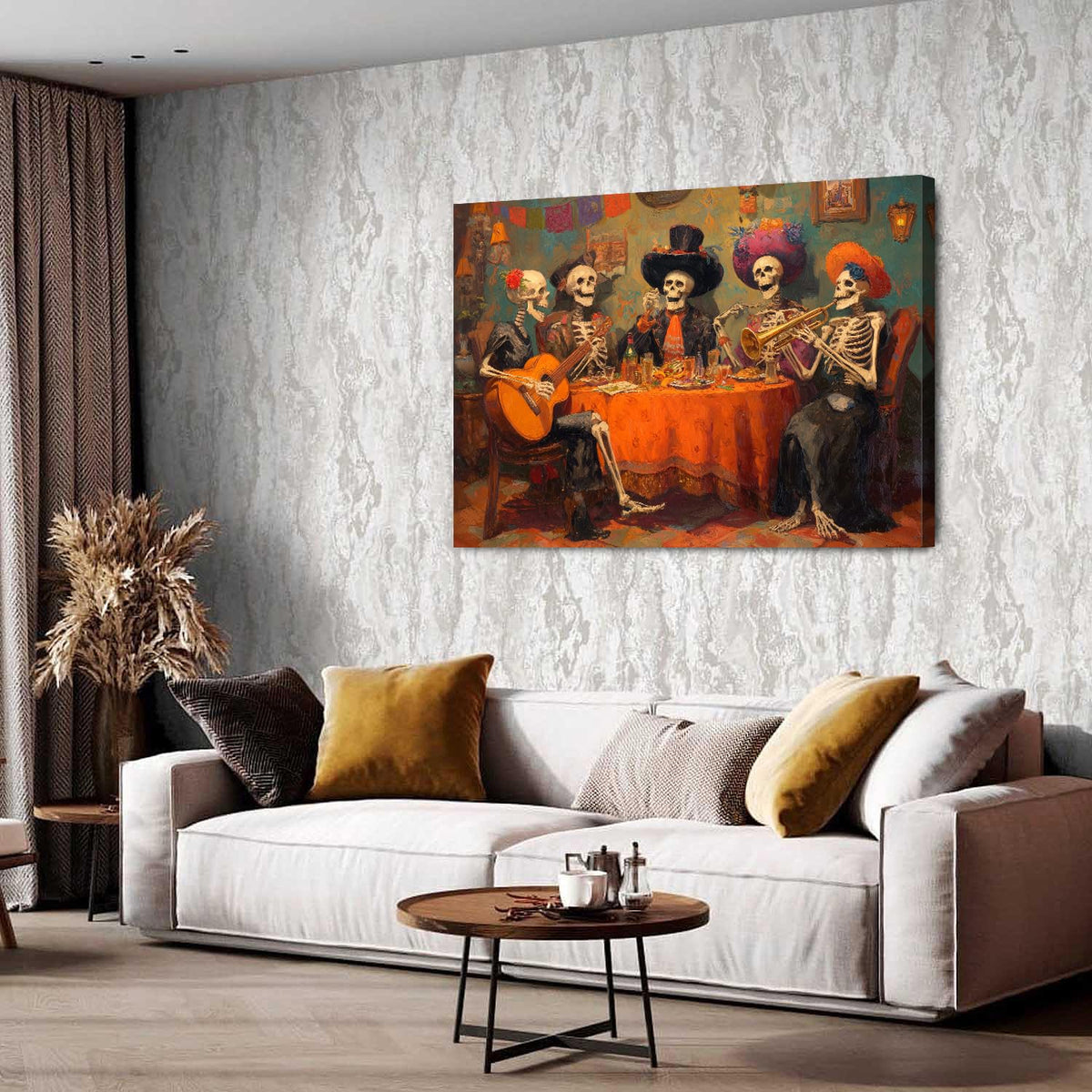Funny Skull Canvas Wall Art Halloween Wall Decor Skeletons Party Painting Posters Watercolor Gothic Skulls Prints Pictures Halloween Artwork for Living Dining Room Kitchen Home Decorations 34x48" (48"L x 32"W / Skull Party)