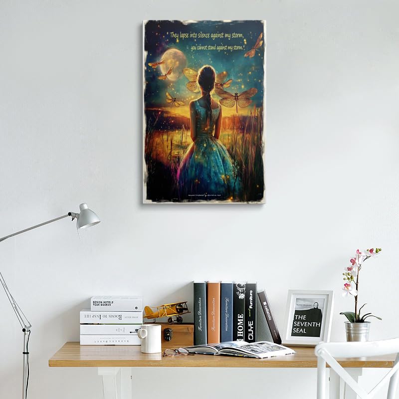 Framed Moon Girl Wall Art Dragonfly Canvas Inspirational Decor 12x16 Inches (Moon Girl / 16"L x 12"W)