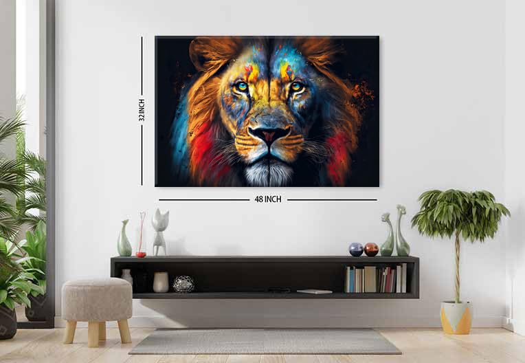 Framed Colorful Lion Wall Art Wildlife Animals Pictures Living Room Wall Decor 32x48” Abstract Graffiti Lion Portrait Jungle Painting Artwork for Boys Men Bedroom Living Room Home Decorations (48"L x 32"W / SCTYLION)