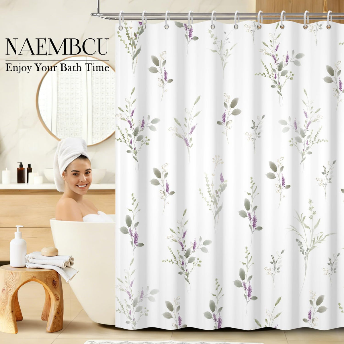 Extra Long Lavender Floral Shower Curtain with Hooks (Watercolor Plant / 72"W x 78"L (Pack of 1))