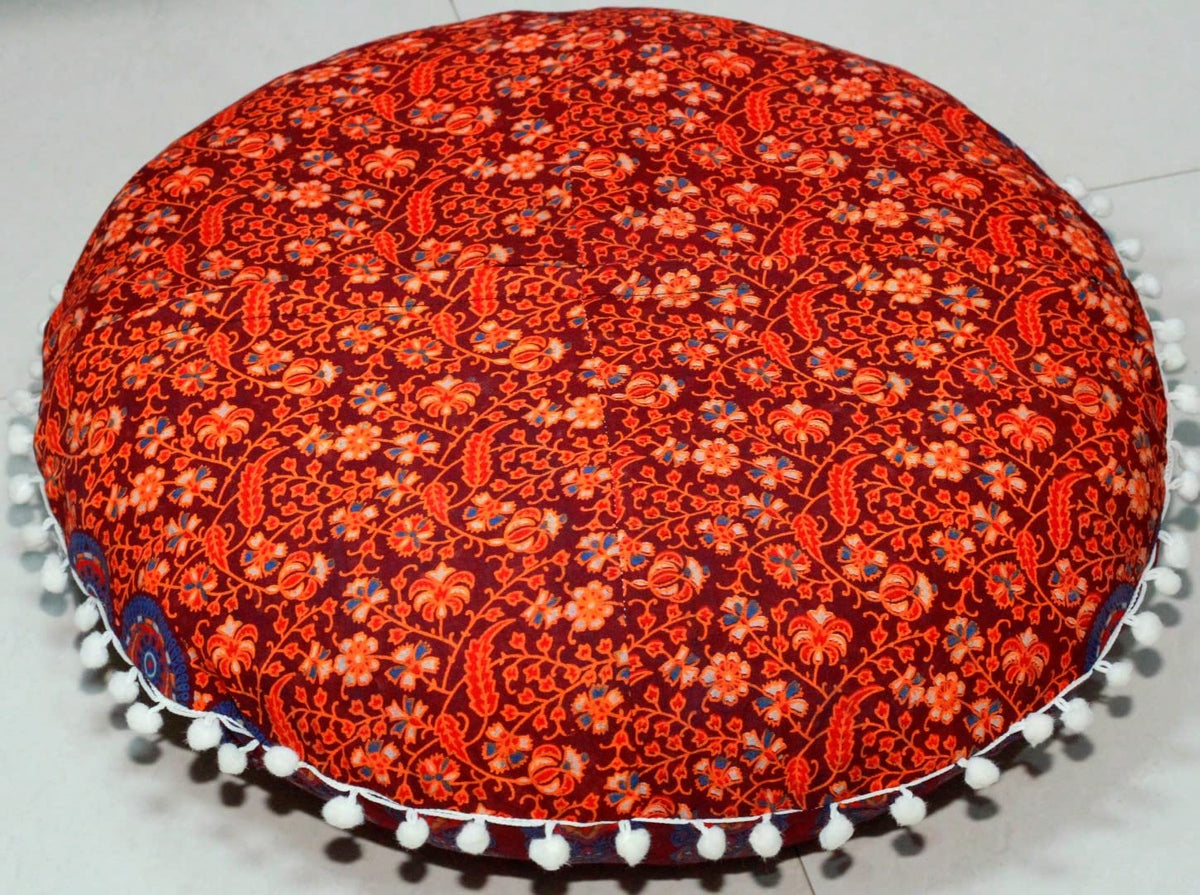 Round Mandala Floor Pillow Cover for Adults (32" / Maroon Mirchi)
