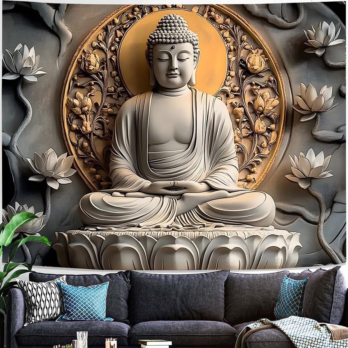 Vintage Sitting Buddha Tapestry Wall Hanging Buddhist Statue Tapestries Lotus Meditation Wall Decor Psychedelic Indian Zen Art for Bedroom Living Room Home Decor (Orange / 59"L x 51"W)
