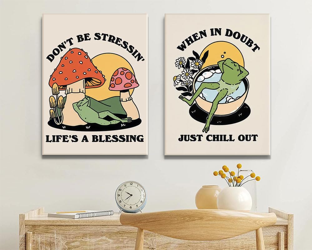 Retro Groovy Frog Mushroom Wall Art 70s Vintage Chill Quote Canvas Prints (frog / 16"L x 12"W)