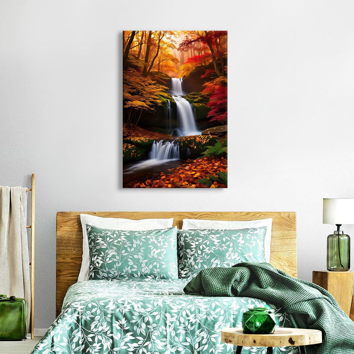 Tropical Forest Canvas Wall Art Waterfall Pictures Wall Decor Nature Rainforest Prints Painting Mountain Scenery Poster Wooden Framed Artwork for Living Room Kitchen Decoration 32x48" Ready to Hang (32"L x 48"W / Fall03)