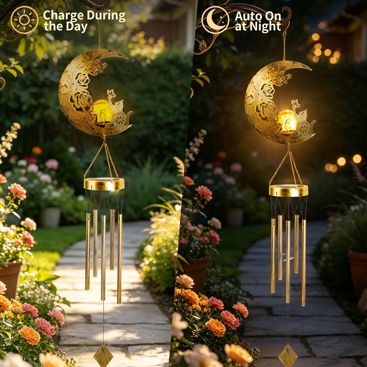 Cat Solar Wind Chimes for Outside Gifts for Women (Cat Moon)