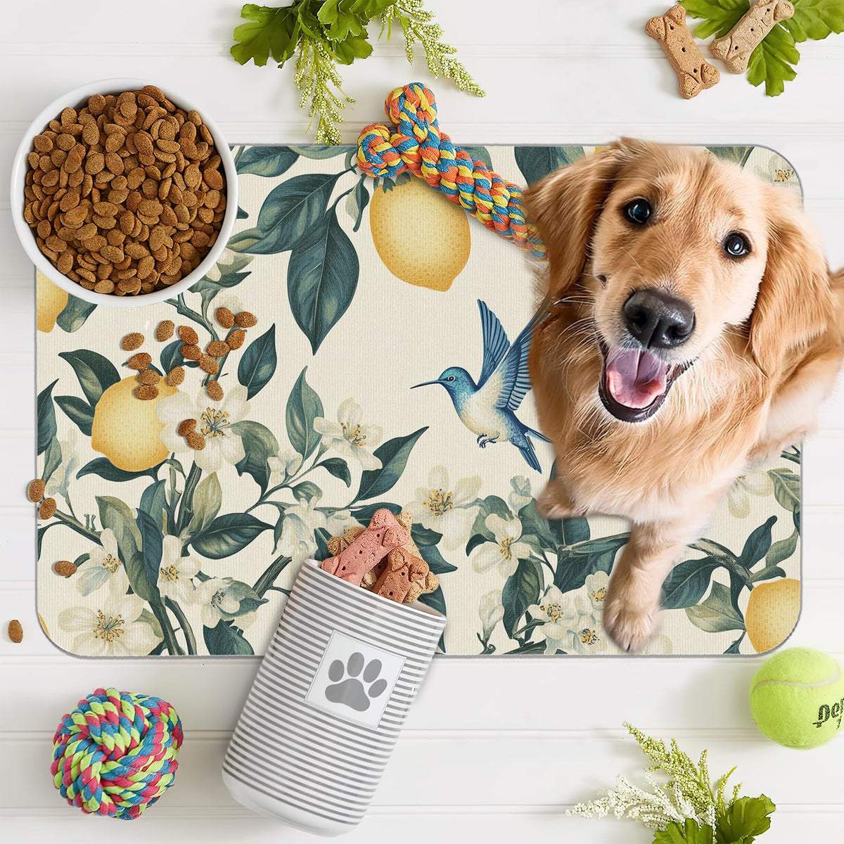 Hummingbird Dog Food Mat for Floors (16"L x 16"W / Hummingbird Vintage Lemon)