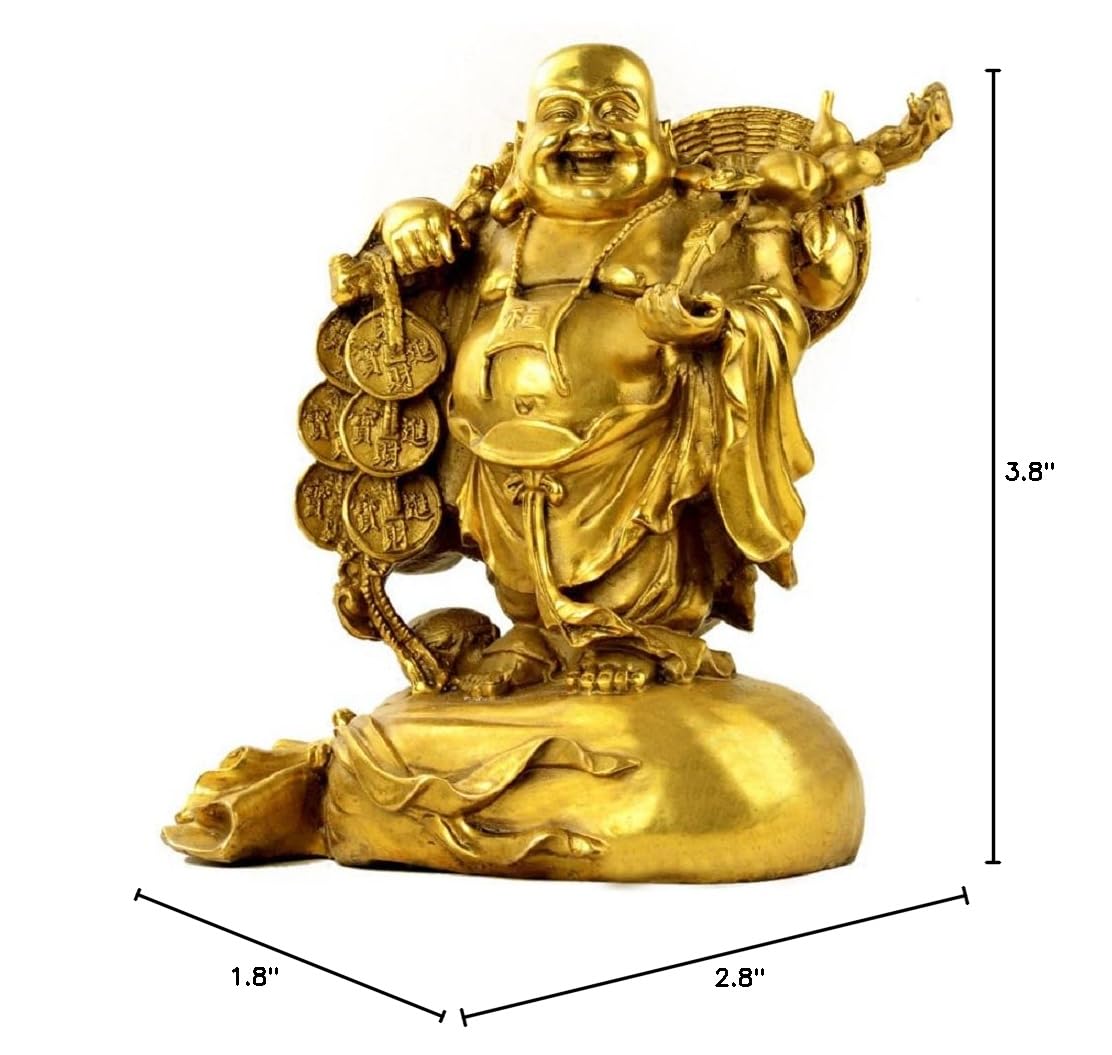 Fengshui Statue Buddha Brass Statues Laughing Buddha Carrying Bag God of Wealth Figurines Buddha Statues Home Decor Housewarming Congratulatory Gift (Small)